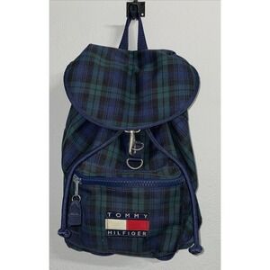 VTG 1990s Tommy Hilfiger Plaid Backpack Navy Green Big Flag Logo Spellout Korea